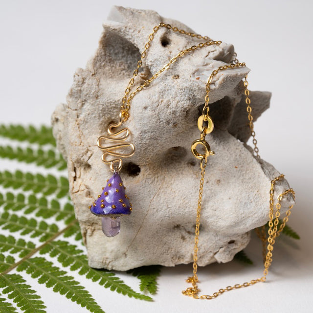 Gold Amethyst Mushroom Necklace